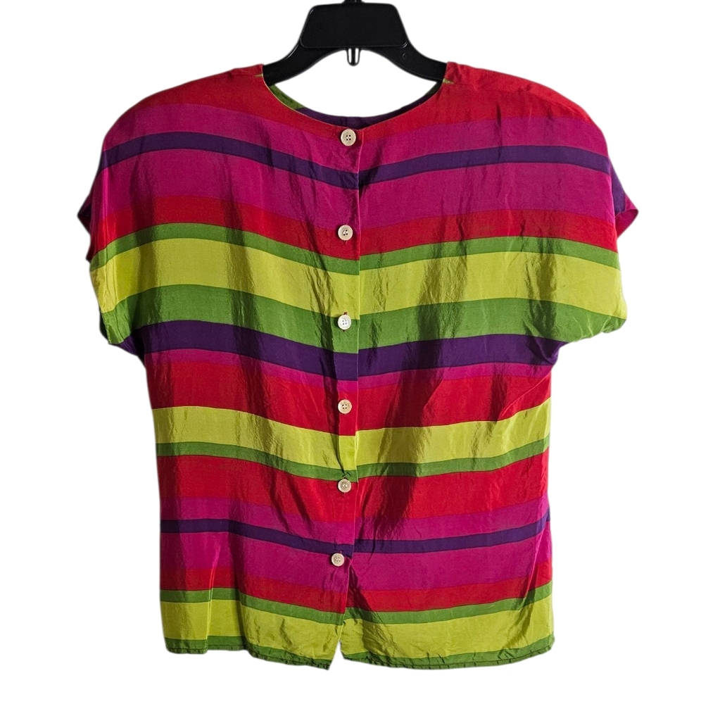 Liz Claiborne Vintage Striped Colorblock Top Retro Buttons Shoulder Pads 10